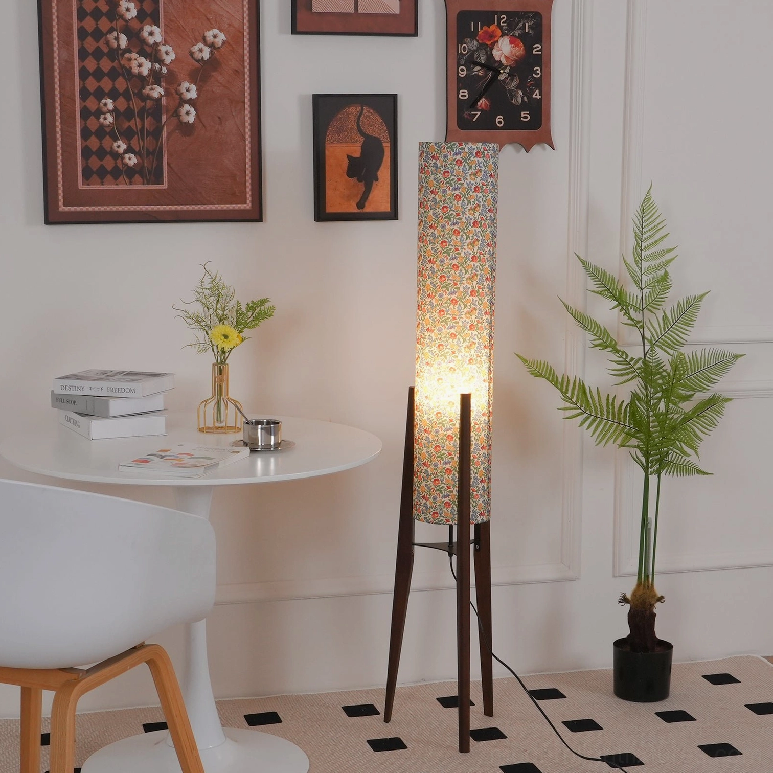 Premium floral pattern floor lamp with sturdy wooden tripod base suitable for bedroom living room office decor