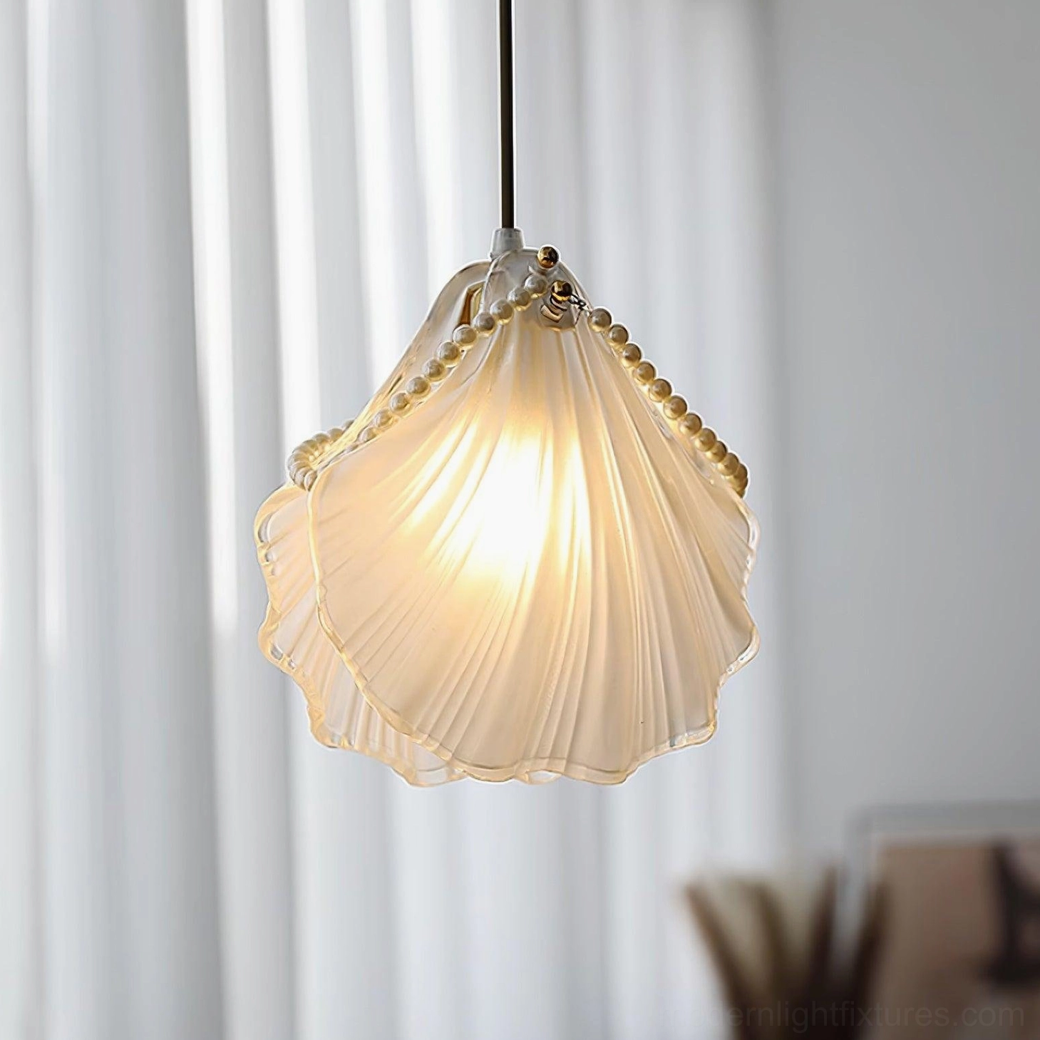 Premium frosted glass shell pendant light with pearl beading and adjustable hanging wire