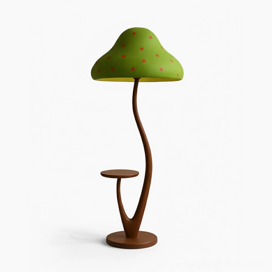 Premium mushroom floor lamp with forest green polka-dot shade, walnut-finish wooden stem, and functional side table – perfect for modern kids bedrooms and playrooms
