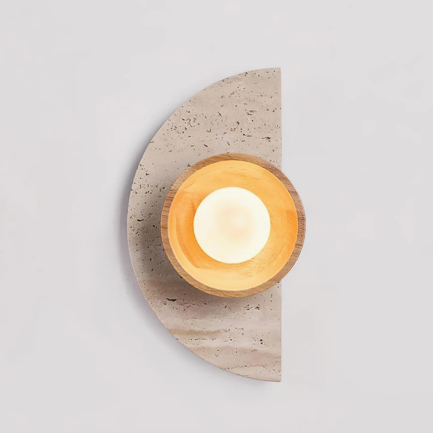 Premium travertine wall sconce with natural wood housing providing sculptural ambient lighting for modern spaces