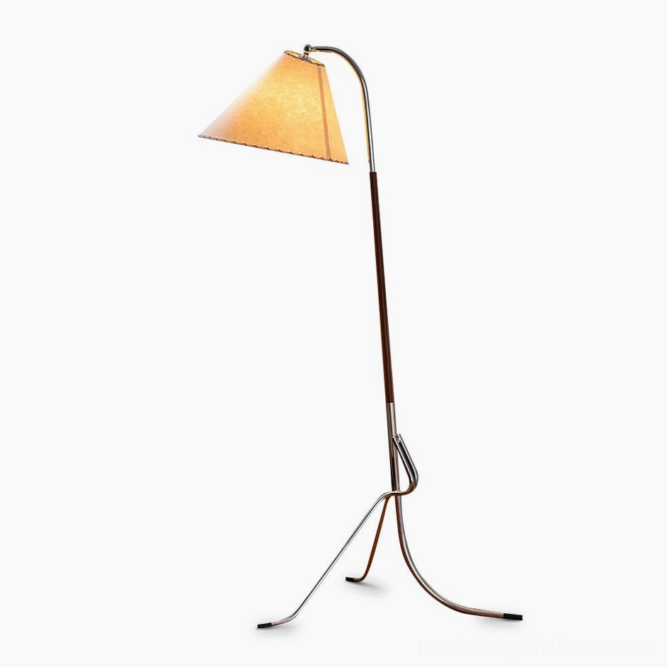 Premium tripod floor lamp product shot highlighting adjustable arm, three-legged base design, fabric conical shade, and overall mid-century modern aesthetic