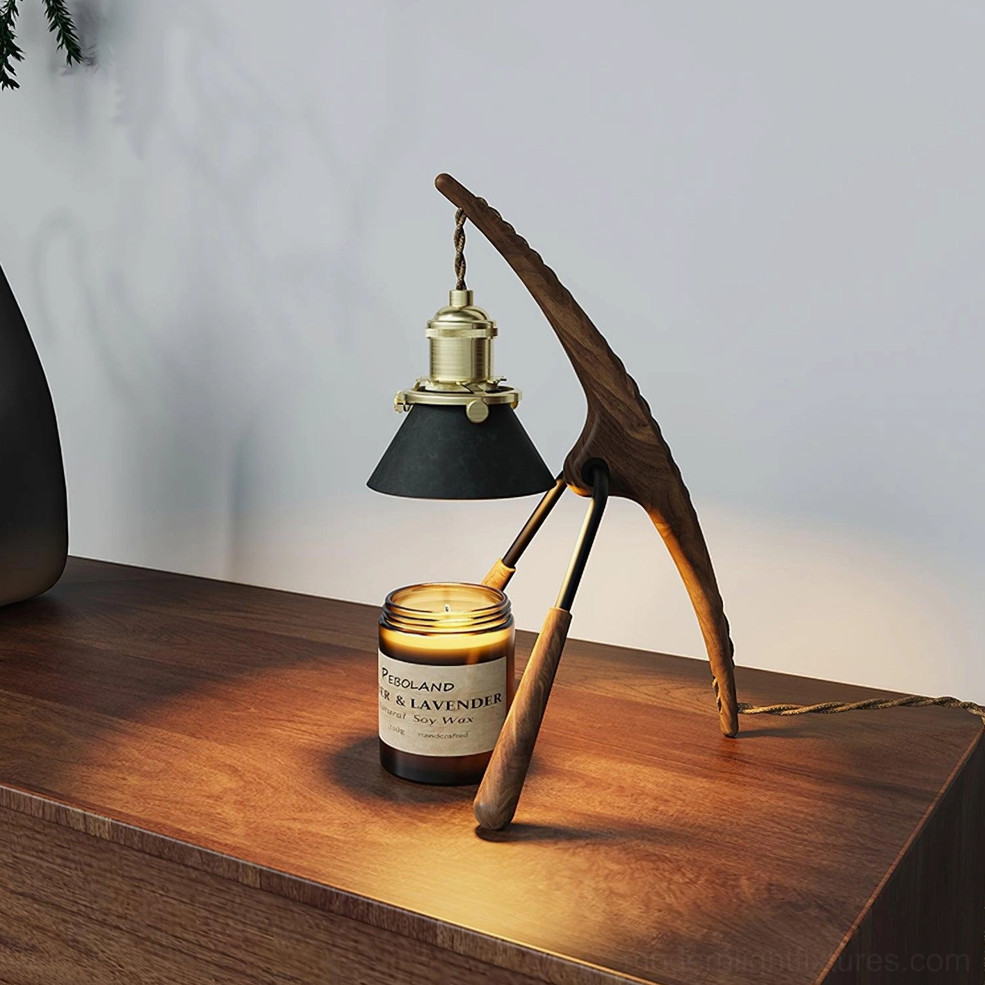 Premium black walnut candle warmer lamp, sculptural mantis shape, interior design focal point