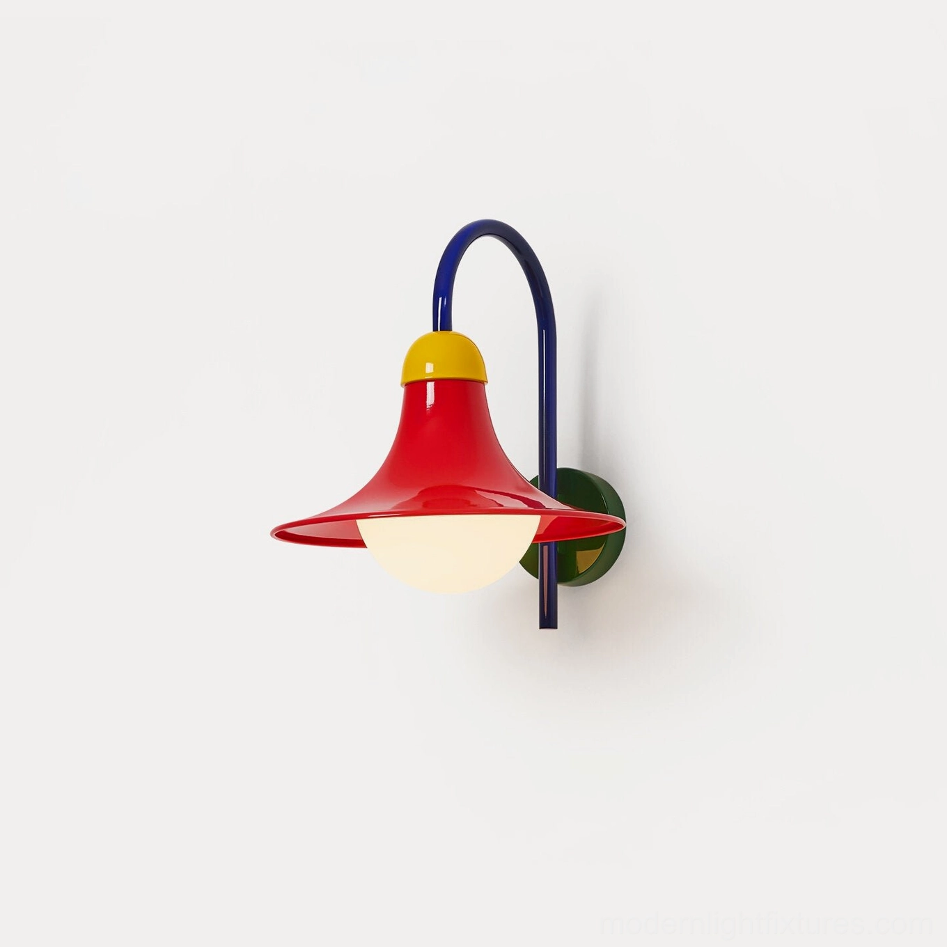 Primora colorblock wall sconce in blue and red color combination close-up studio shot showing sculptural metal design