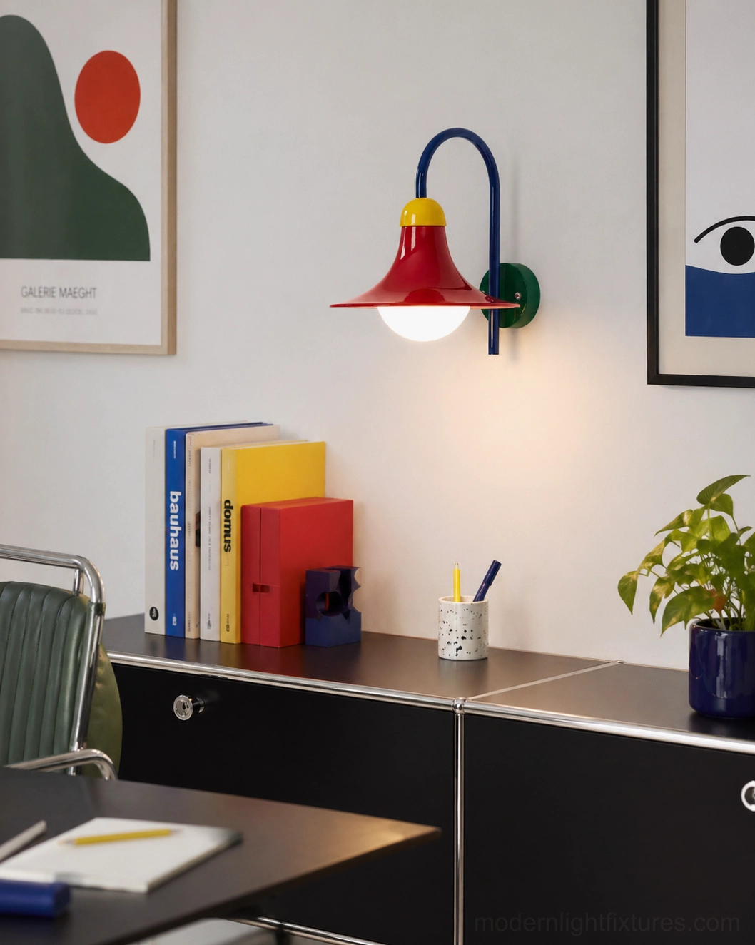 Retro-modern wall sconce fixture demonstrating color-blocking design aesthetic with vibrant contrasting color palette