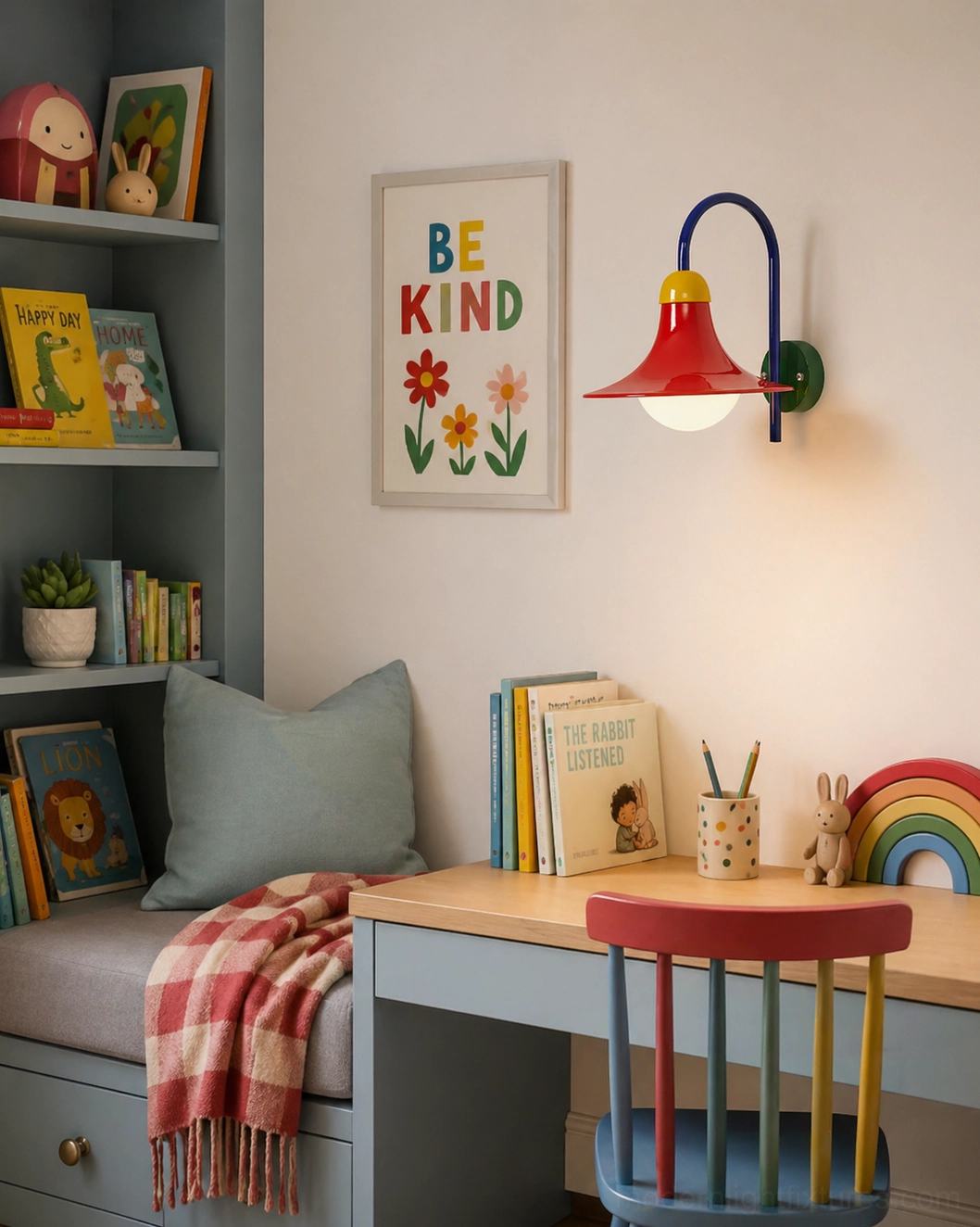 Primora colorblock wall sconce installed above home office window seat and desk workspace for creative task lighting