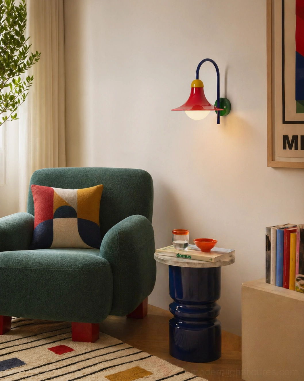 Bold color-blocking wall fixture mounted in living room lounge corner paired with green armchair and side table styling