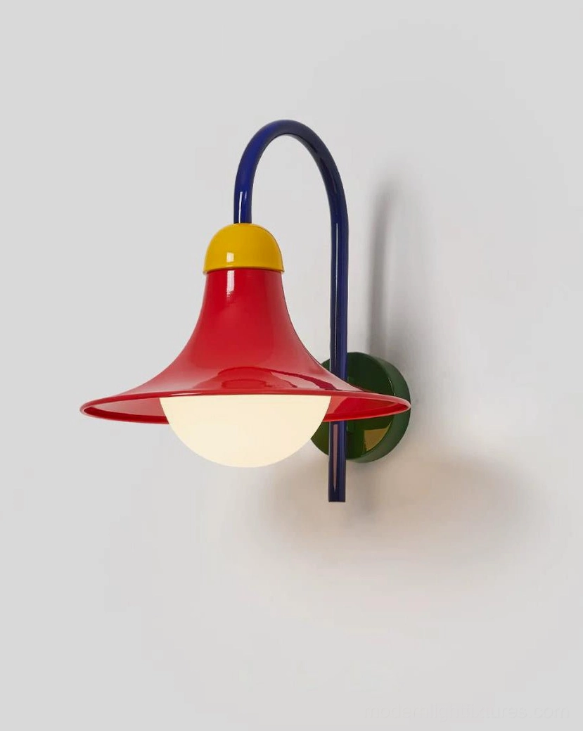 Colorblock wall sconce as artistic interior accent paired with mid-century modern furniture and retro-inspired home decor