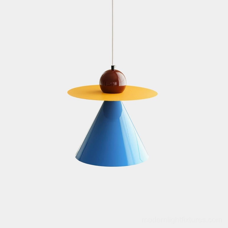 Prisma Play geometric pendant light with blue cone, yellow disc, and red sphere modern design