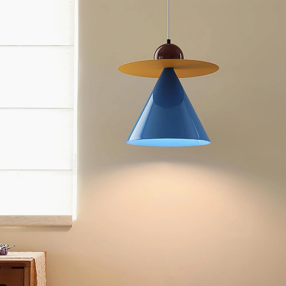 Contemporary geometric pendant lamp low angle view with soft ambient wall lighting