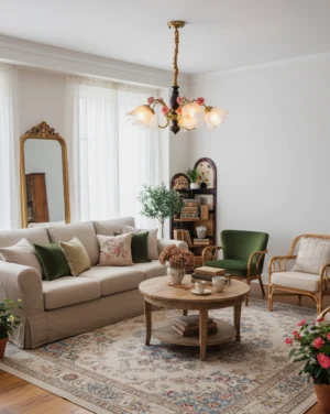 Provencal country style chandelier installed in neutral traditional living room showing warm ambient lighting and classic European aesthetic