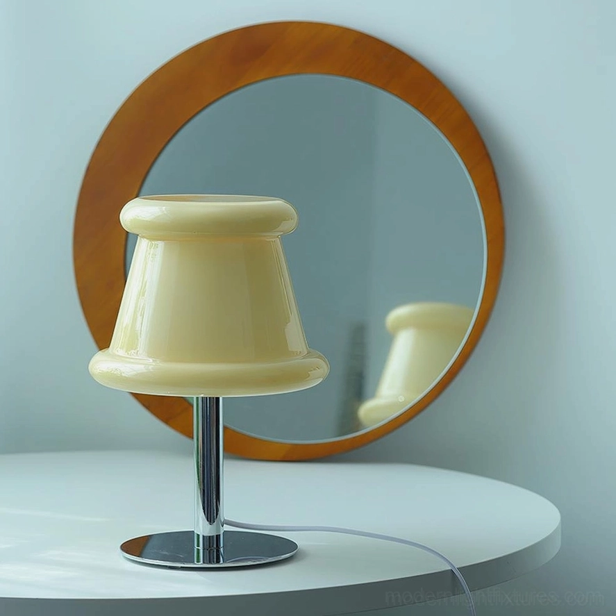 Pudding table lamp installed on bedroom side table creating cozy warm ambient lighting for bedside reading