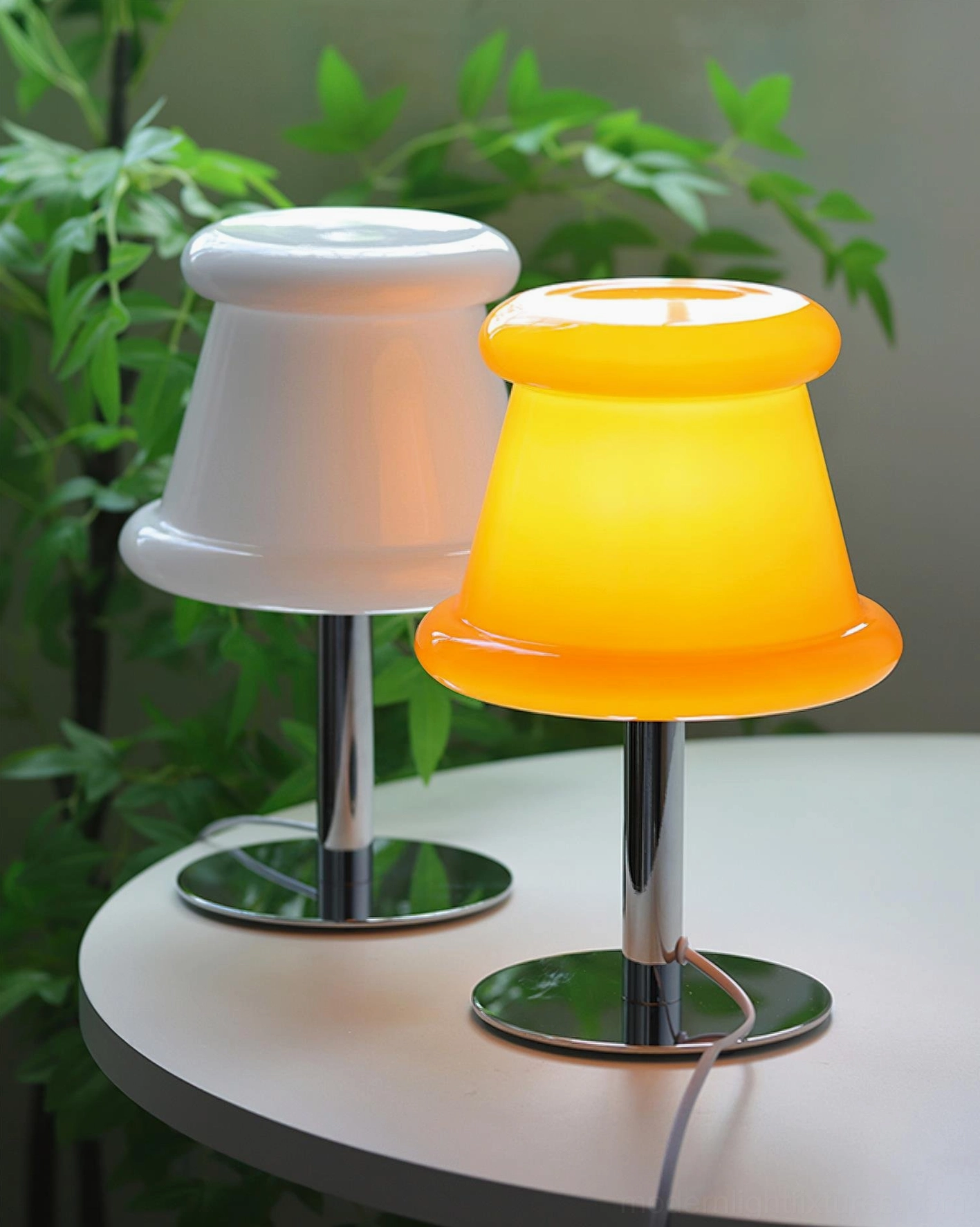Two pudding table lamps color comparison showing white unlit and amber orange illuminated versions with matching chrome bases