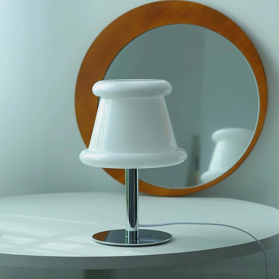 White frosted glass pudding table lamp on vanity with chrome metal stem, polished base, and mirror background