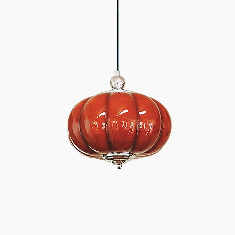 Pumpino red glass pendant light close-up showing handblown glass texture and color depth