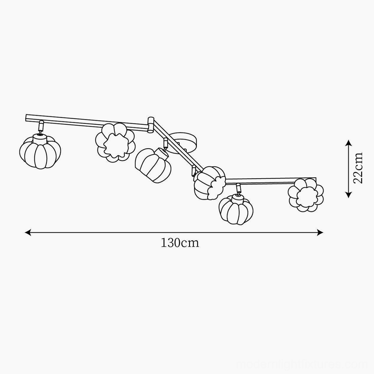 Technical drawing 7-head mixed style ceiling lamp, 130cm length, 22cm height, orthographic dimension blueprint