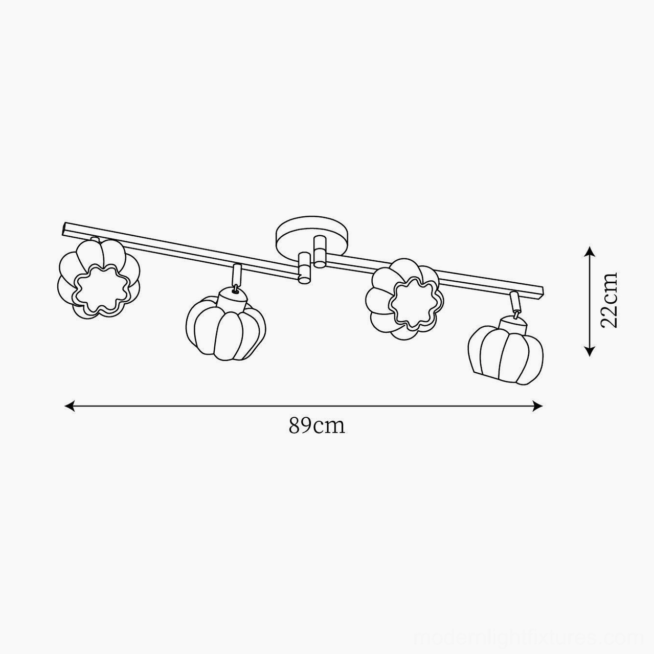 Technical drawing 5-head mixed style ceiling lamp, 89cm length, 22cm height, orthographic top view blueprint