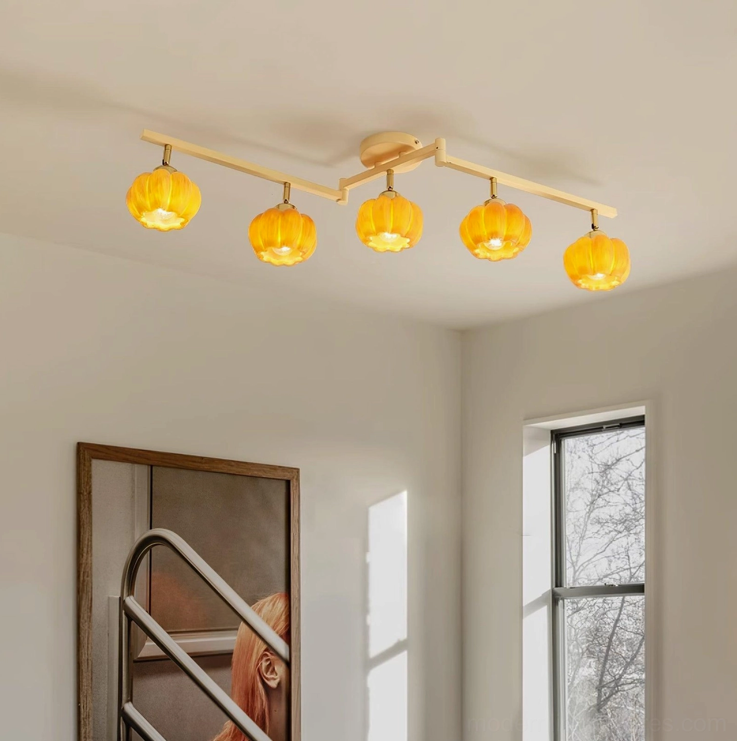 Modern multi-head pumpkin ceiling lamp with adjustable directional heads, gallery-quality accent lighting installation