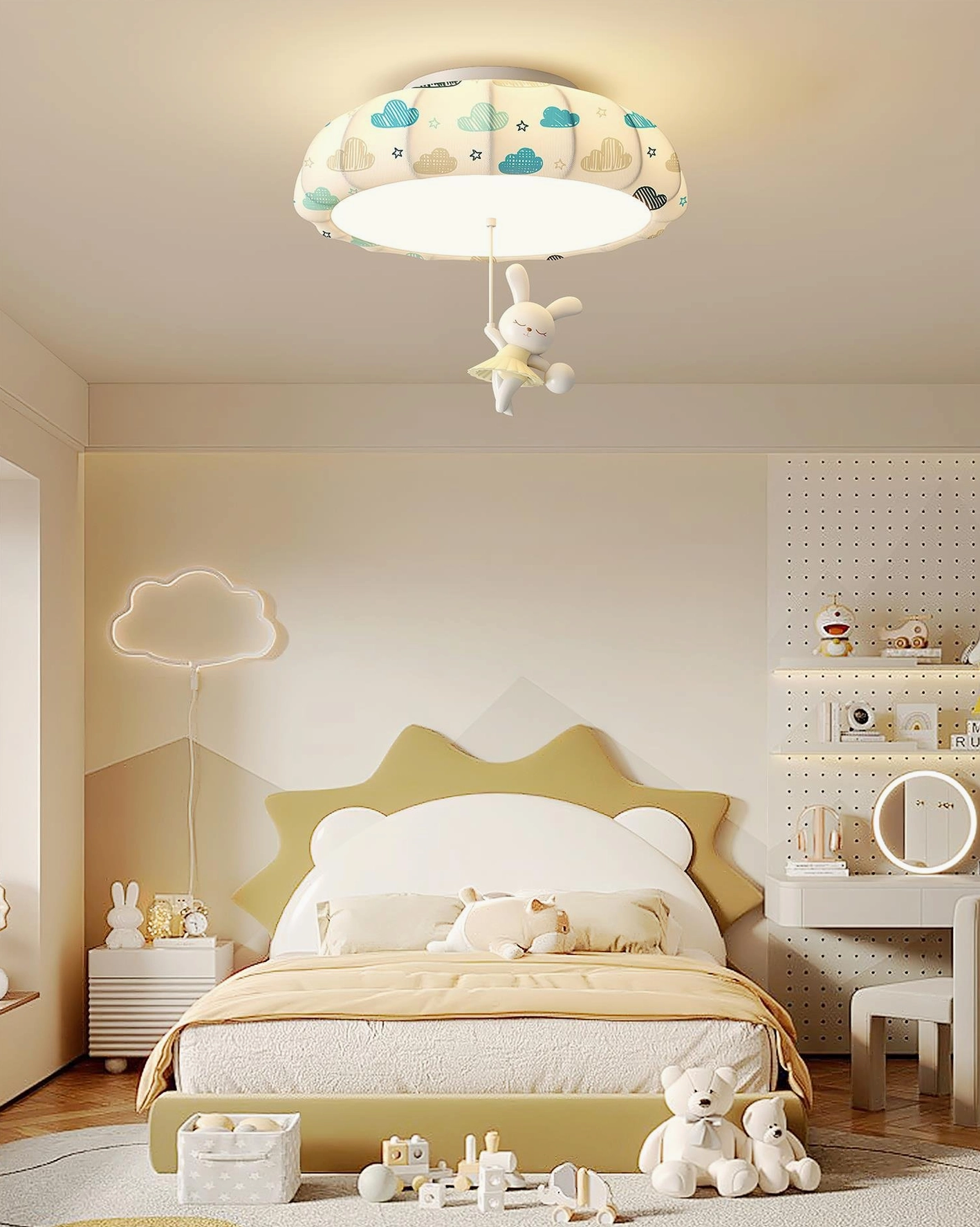 Warm master bedroom view of cloud-patterned pumpkin ceiling light with blue print details and hanging rabbit character ornament