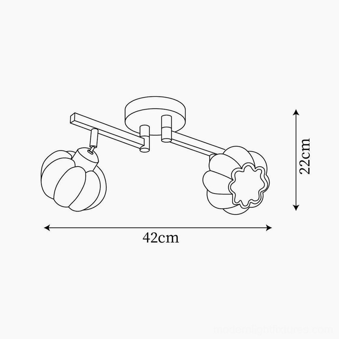 Technical drawing 3-head pumpkin ceiling light, 42cm length, 22cm height, design specifications