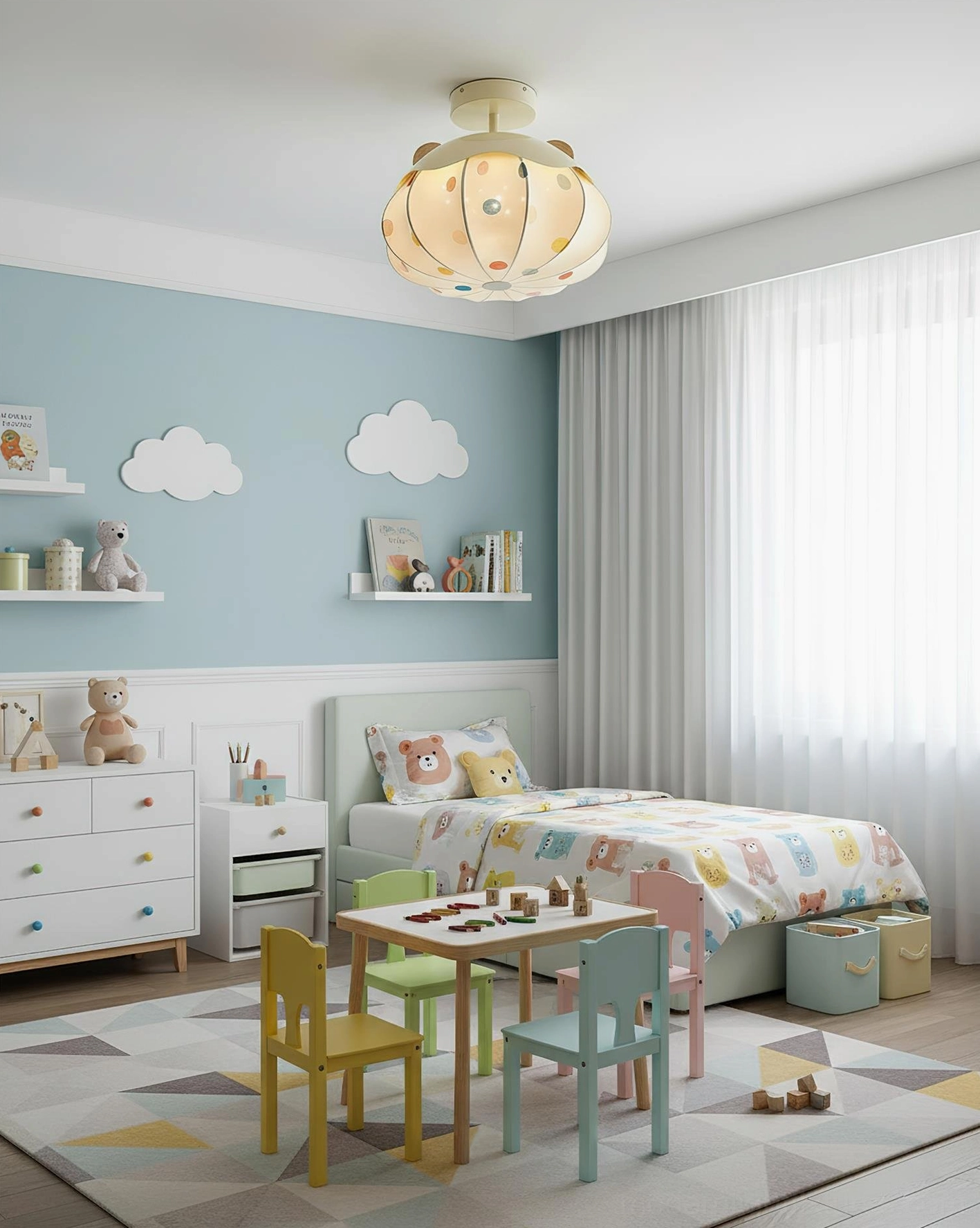Children's polka dot pumpkin ceiling lamp in blue cloud-themed multi-use kids play bedroom