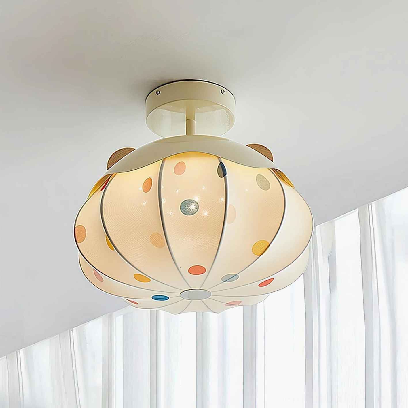 Pumpkin polka dot kids ceiling lamp large 40cm diameter wood color and beige warm white 3000k
