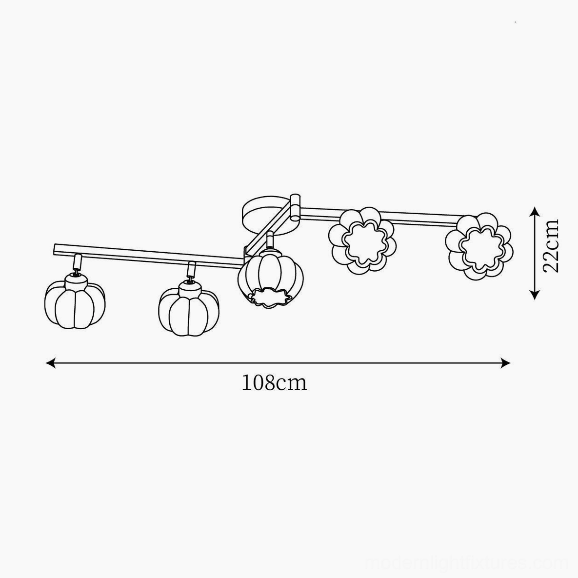 Technical drawing 6-head mixed style pumpkin ceiling lamp, 108cm length, 22cm height, orthographic specification