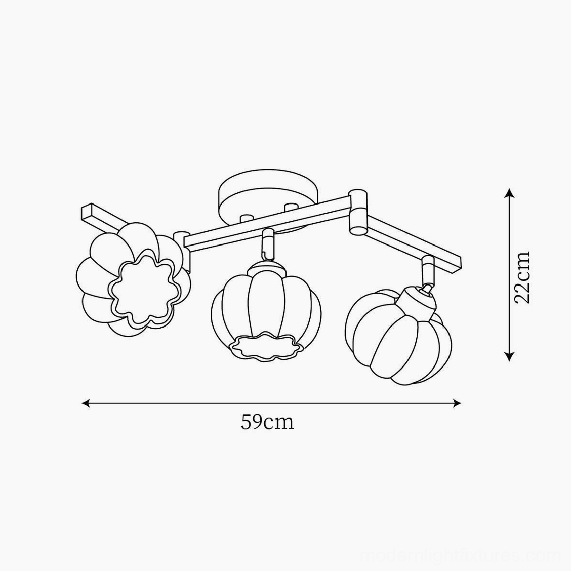 Technical drawing 3-head mixed style pumpkin ceiling fixture, 59cm length, 22cm height, orthographic front view