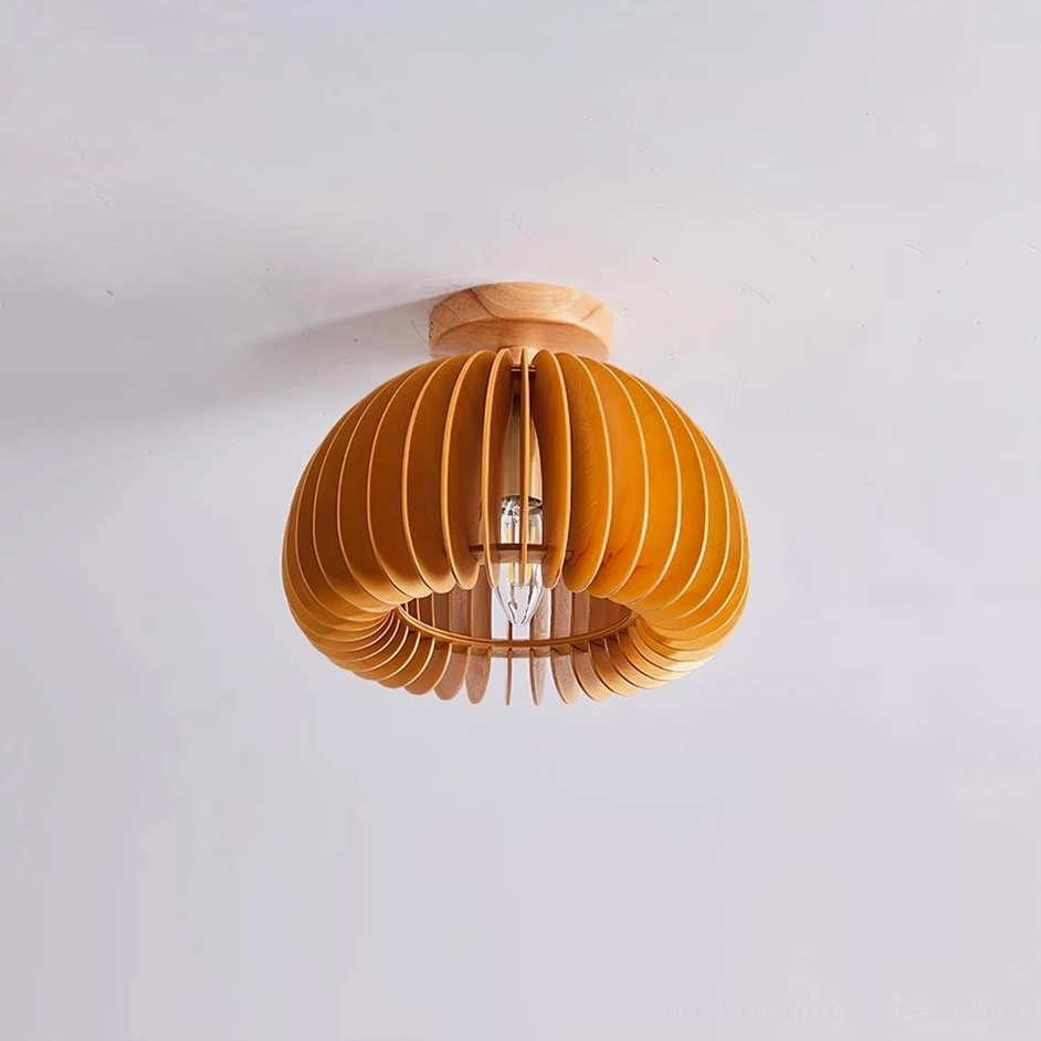 Medium layered wood pumpkin ceiling light in warm white illumination for bedroom