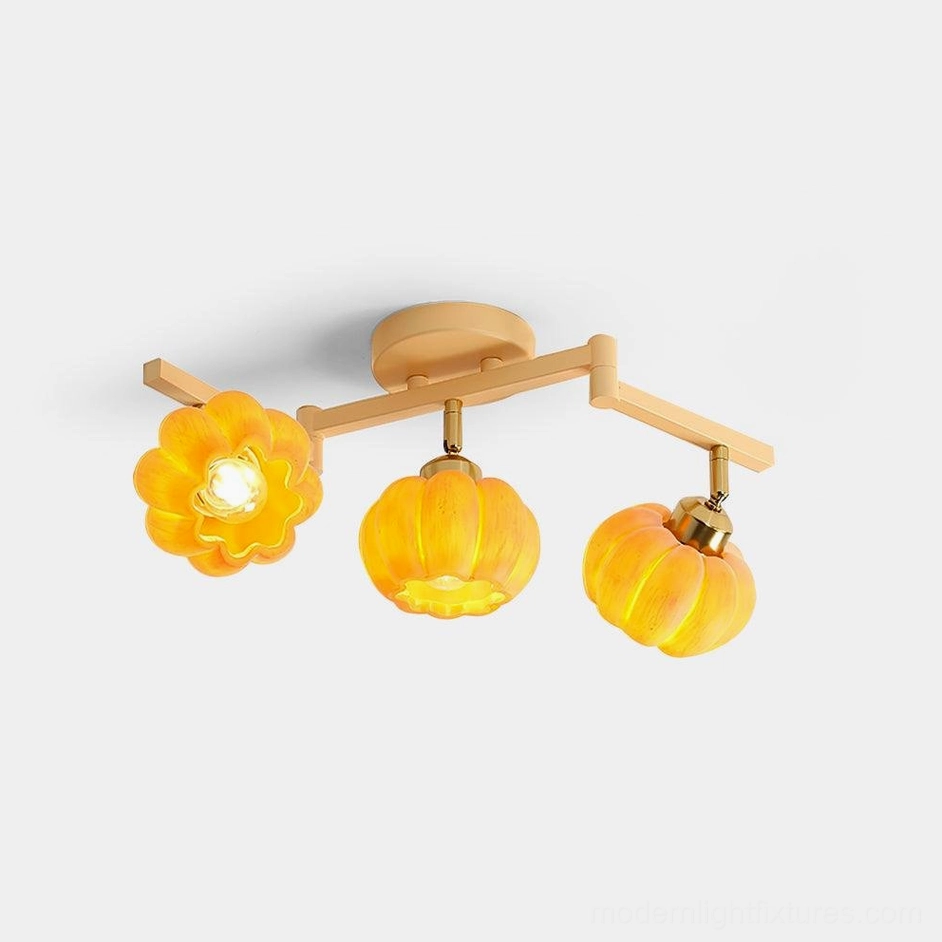 Modern pumpkin glass ceiling lamp with multi-head branch design, natural wood frame, front oblique studio view