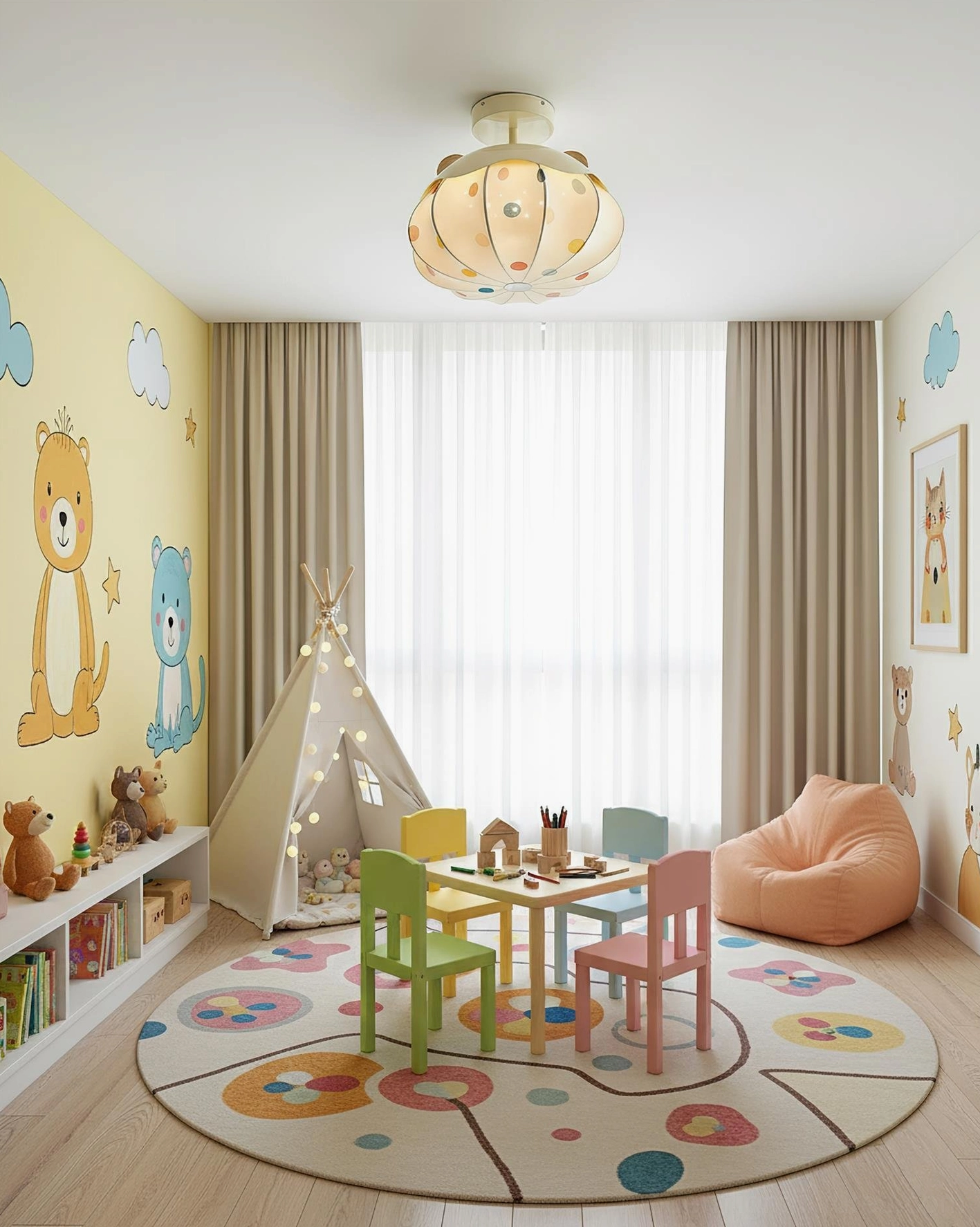 Cartoon animal playroom ceiling light with pumpkin shape and soft warm beige tone for children