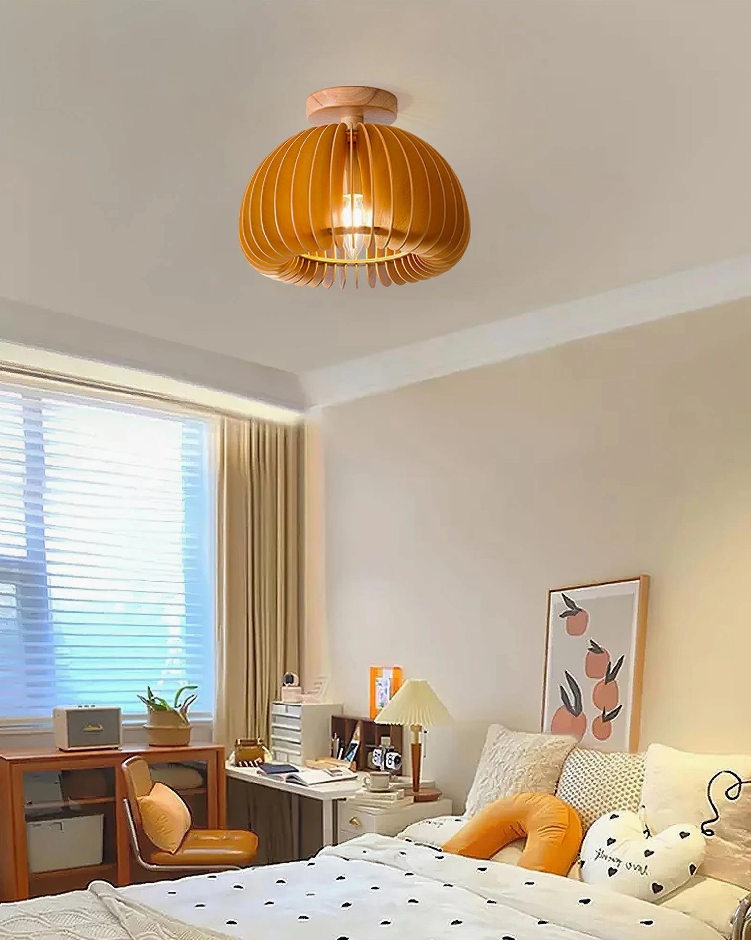 Organic geometry of pumpkin shaped wooden ceiling light fixture displaying sculptural design