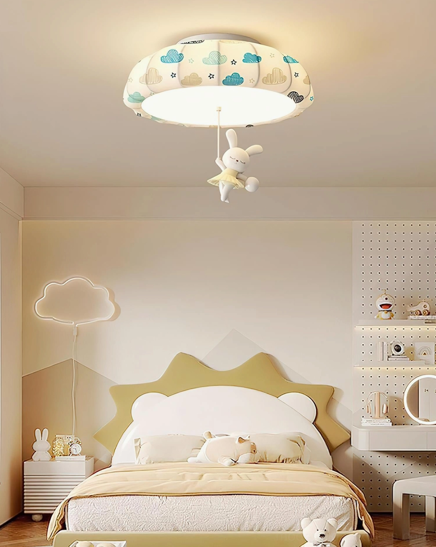 Side profile of whimsical pumpkin ceiling light fixture emphasizing distinctive shape and proportions of kids' lighting design