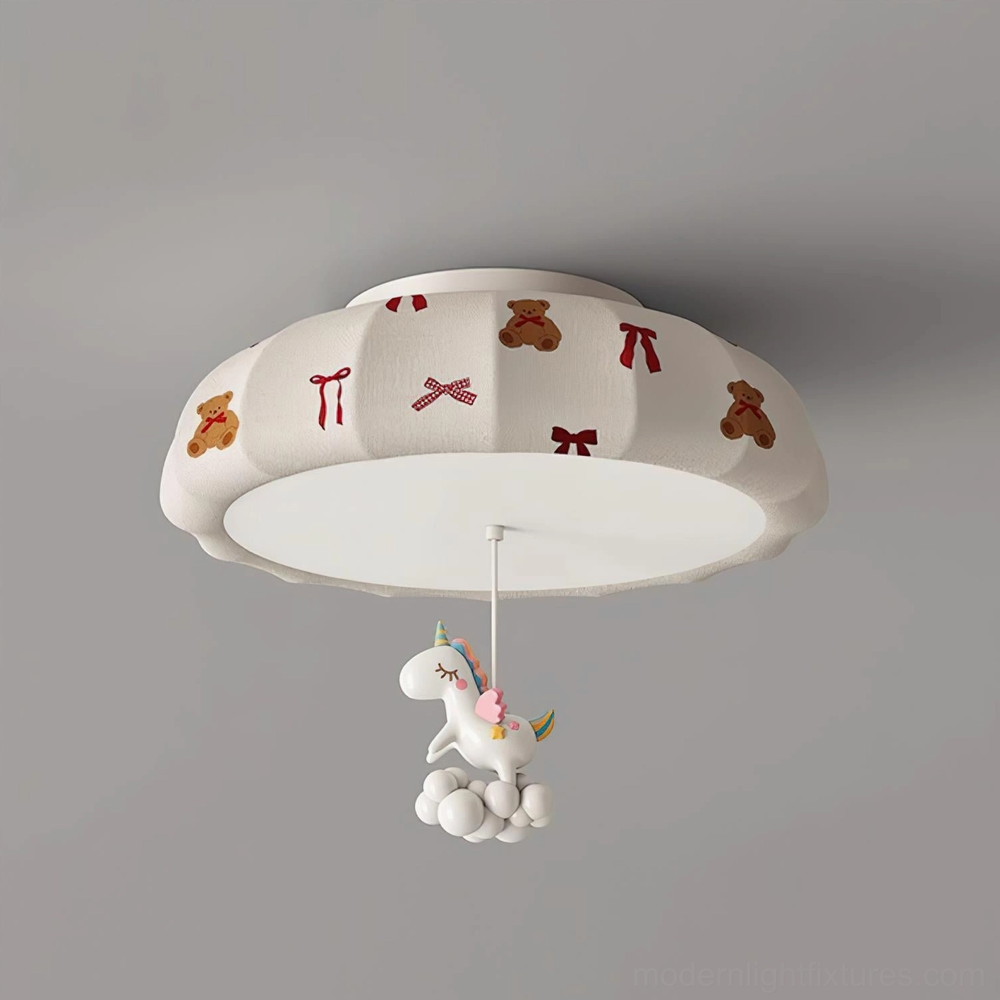 Pumpkin ceiling light fixture detail showing textile quality, bear and bow print design, and integrated warm white LED technology