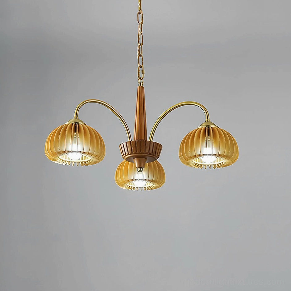 3-head pumpkin chandelier in copper and wood color finish with ribbed glass shades