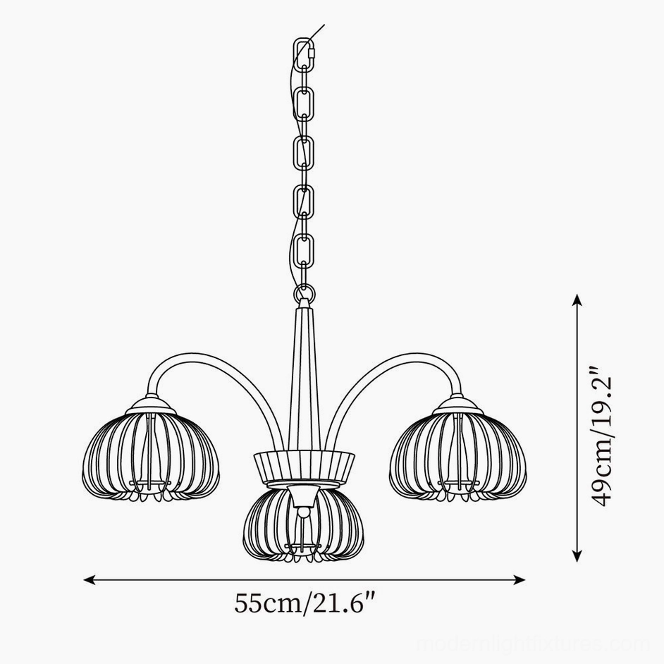 3-head pumpkin chandelier technical drawing with dimensions 55cm diameter and 49cm height