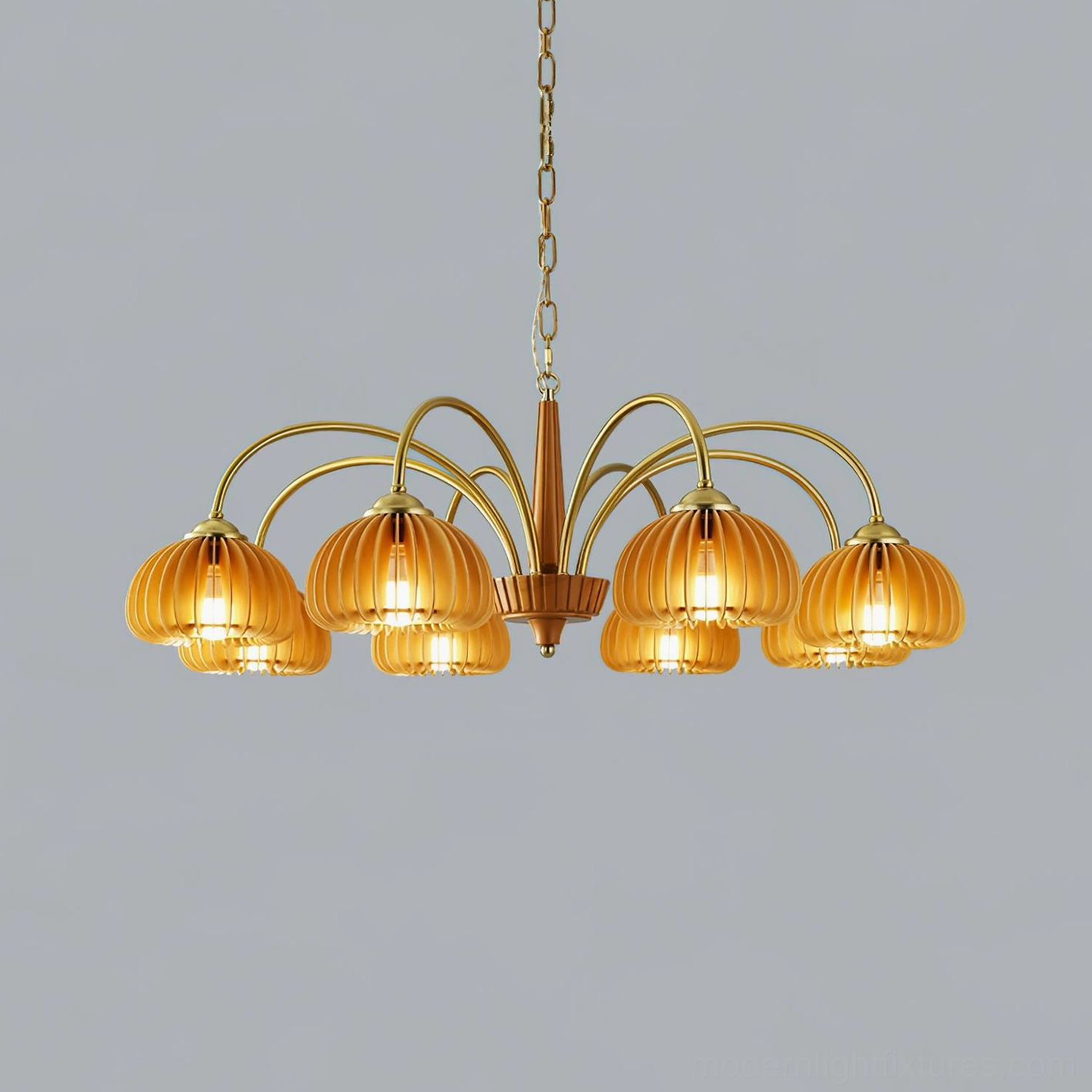 8-head pumpkin ribbed glass chandelier in copper and wood color premium finish