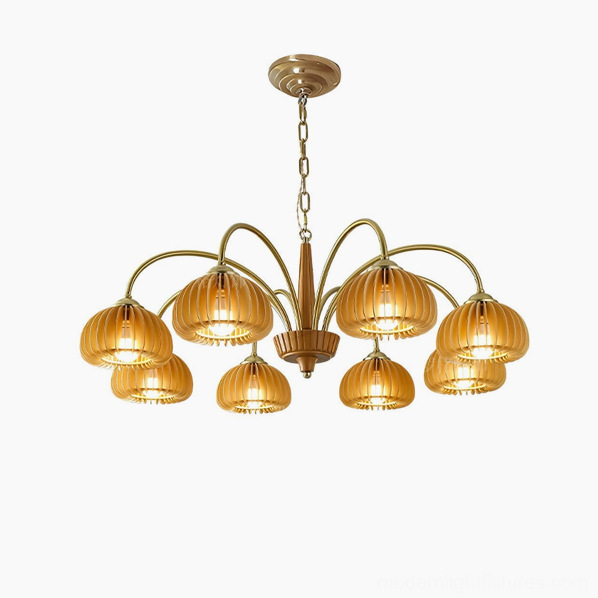 Pumpkin chandelier with golden amber ribbed shades casting warm light in residential space