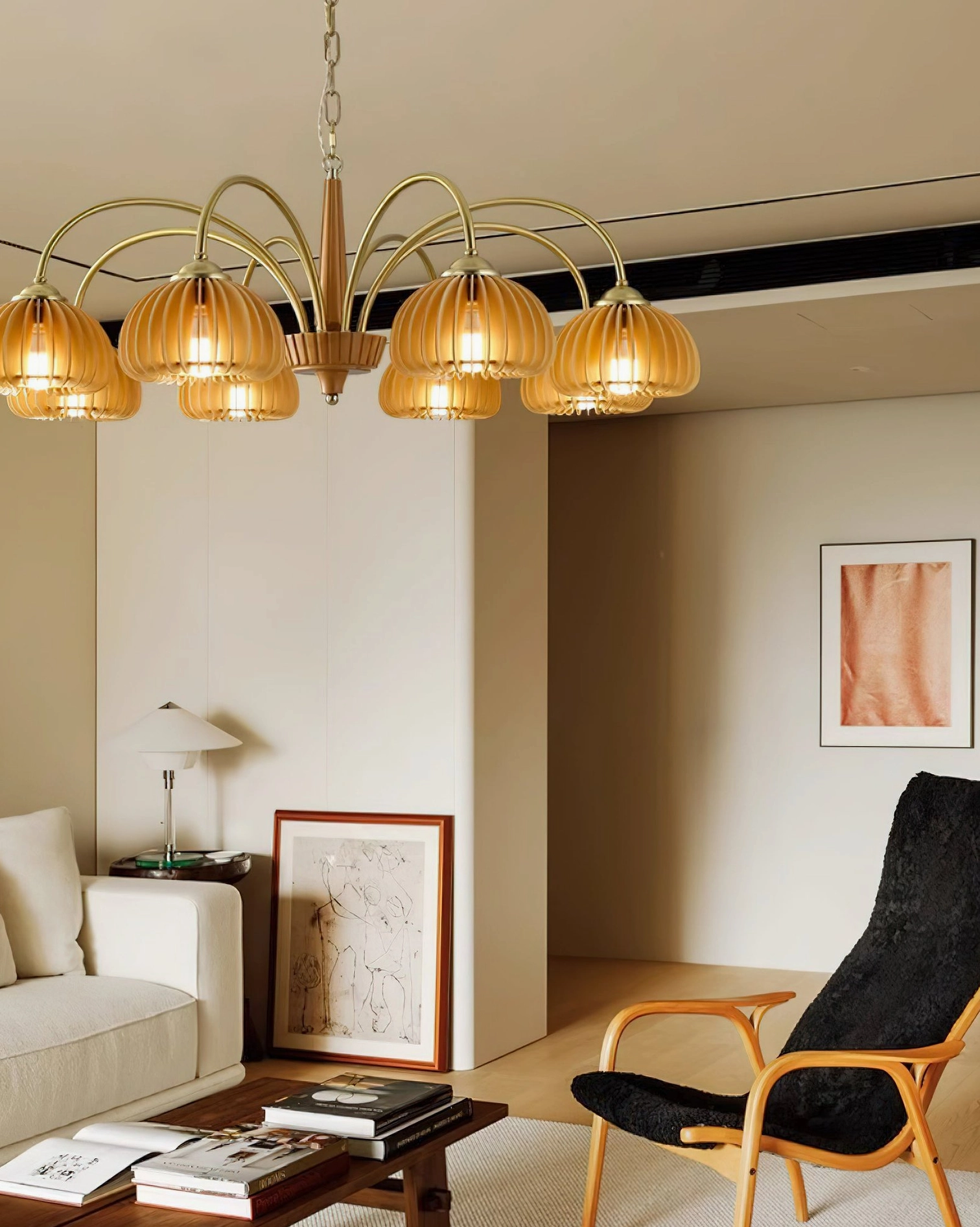 Pumpkin ribbed glass chandelier detail shot showing golden amber shade texture and craftsmanship