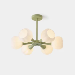 6-head pumpkin floral chandelier with sage green cast iron frame and white frosted glass petal shades, top-down studio view