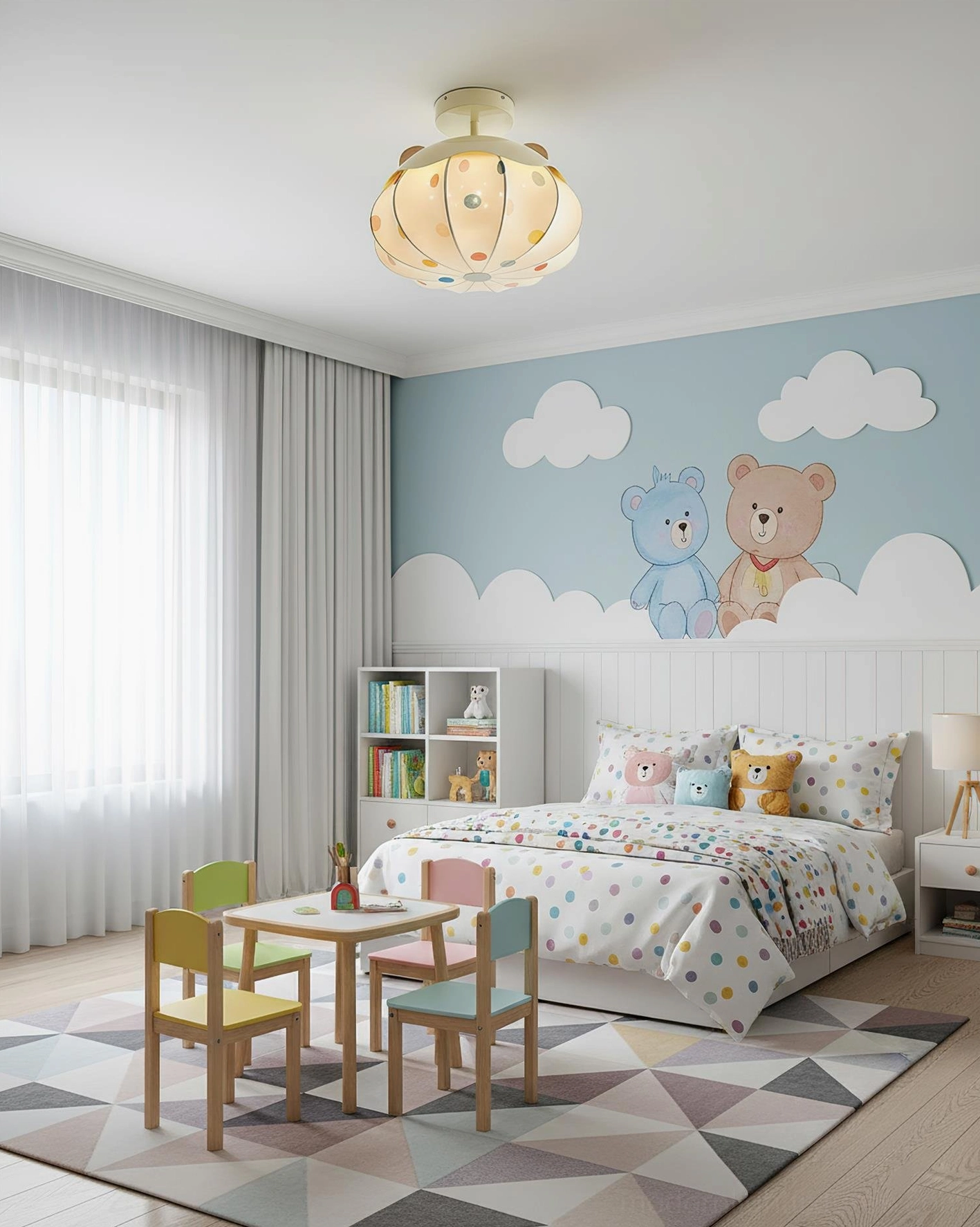 Children's bedroom pumpkin flush mount ceiling fixture with cream finish in blue bear-cloud themed room
