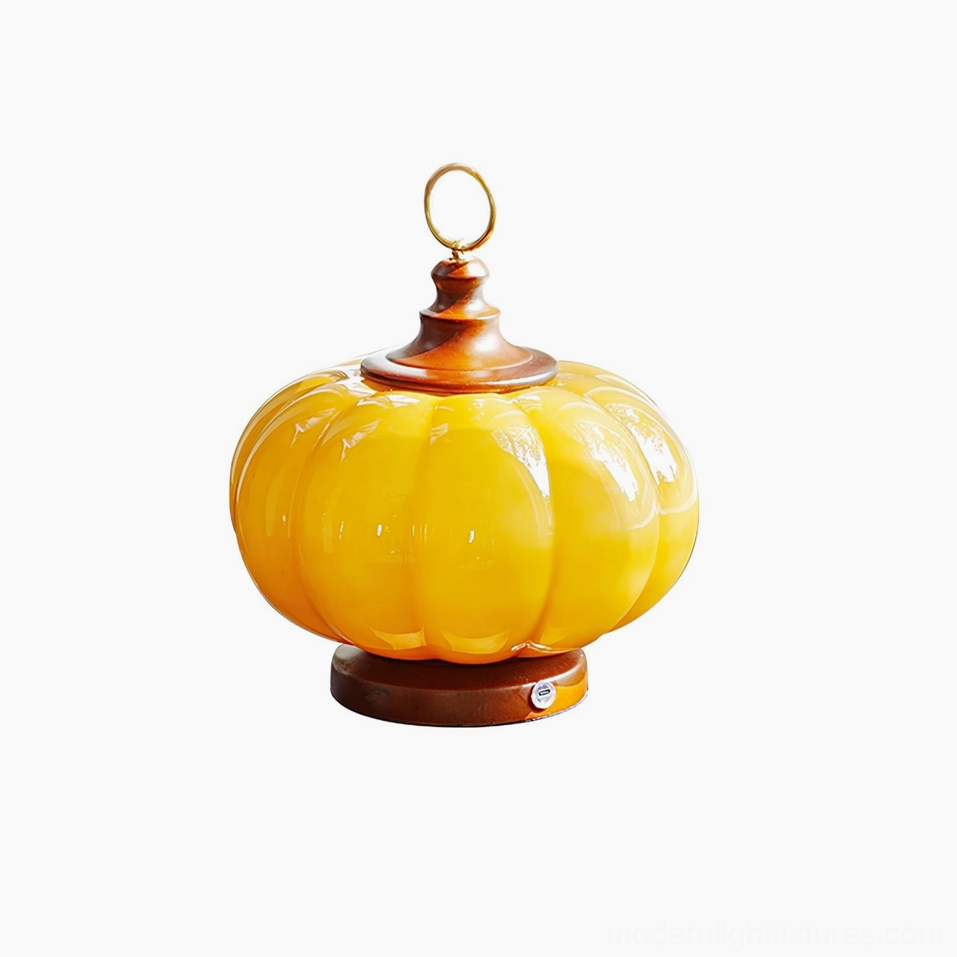 Pumpkin glass table lamp full front view studio background compact gourd-inspired shape with integrated LED and USB port base