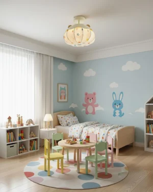 Pumpkin ceiling light fixture installed in modern blue girl's bedroom creating warm ambient nursery lighting