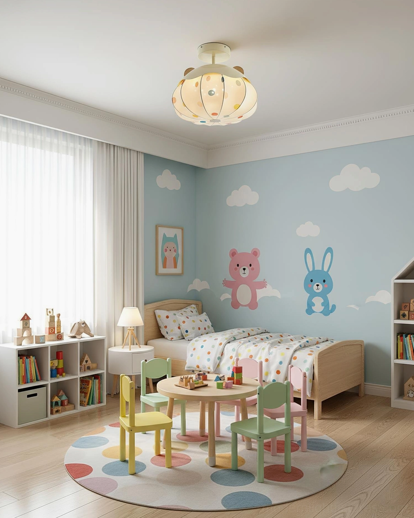 Pumpkin ceiling light fixture installed in modern blue girl's bedroom creating warm ambient nursery lighting