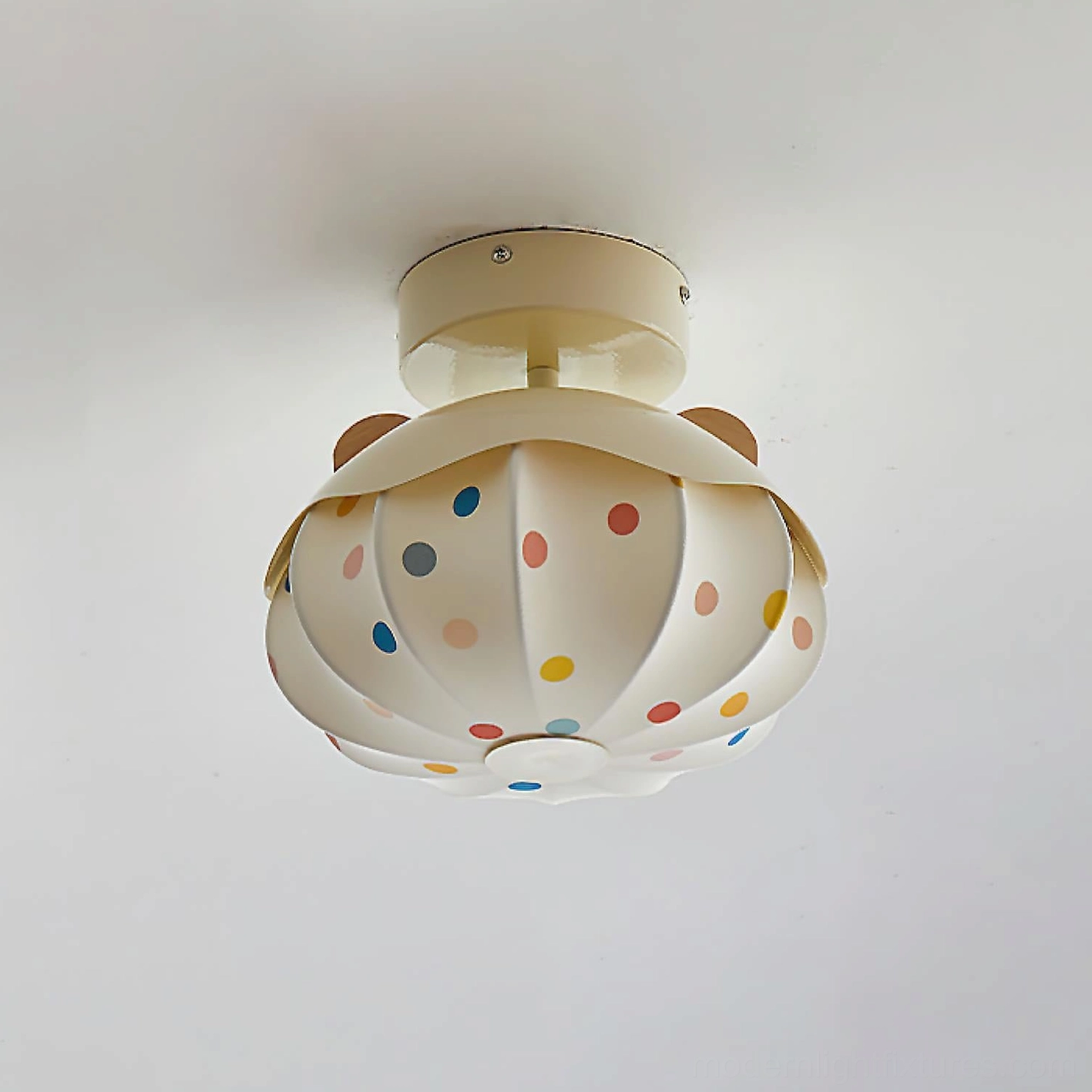 Pumpkin polka dot kids ceiling lamp small 23cm size wood color and beige warm white