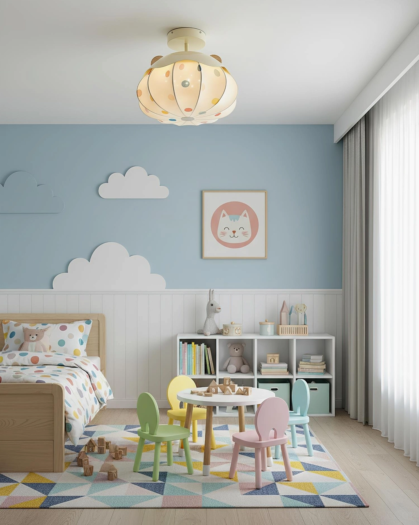Kids room flush mount pumpkin ceiling lamp with warm beige tone in cloud-themed toddler bedroom