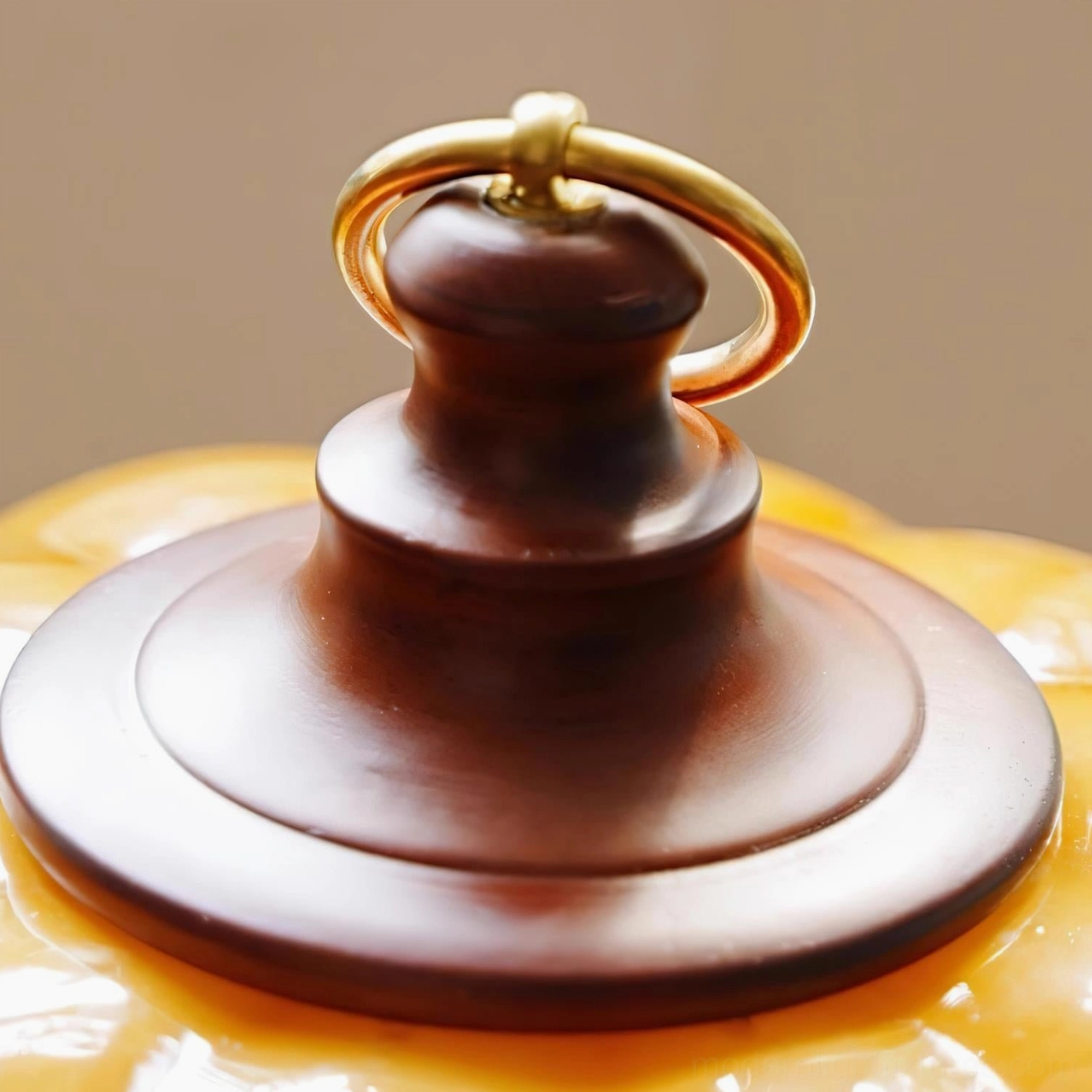 Close-up detail shot of pumpkin lamp top hardware showing polished brass ring and walnut wood decorative finial cap