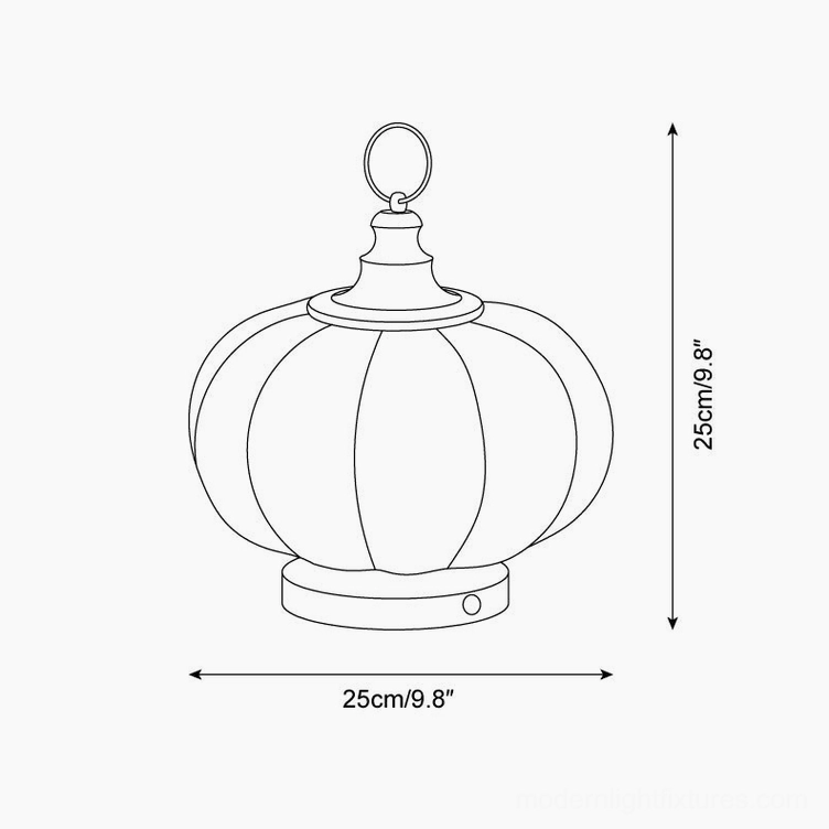 Pumpkin lamp design sketch line drawing front view with dimension measurements 25cm x 9.8 inches marked on white background