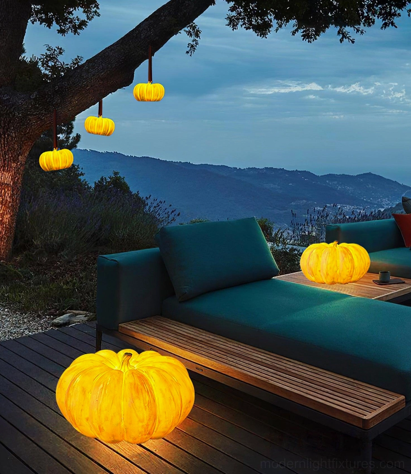 Glowing pumpkin lamp evening ambiance courtyard landscape professional installation