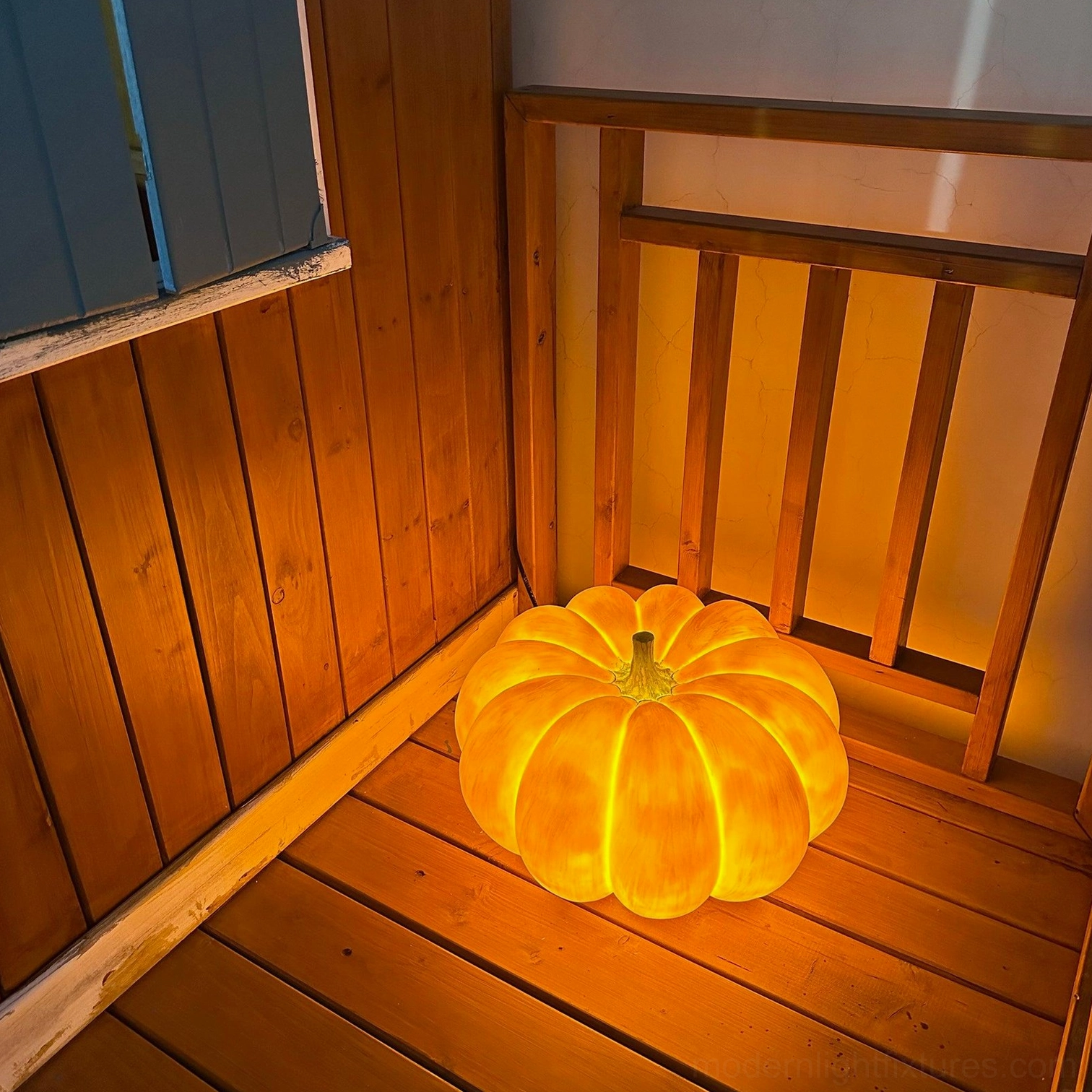 Two pumpkin table lamps size comparison small large garden display
