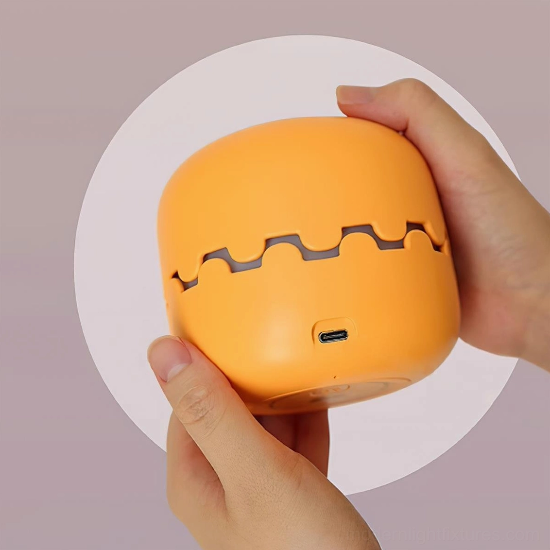 Modern pumpkin table lamp with integrated LED, USB charging port visible at base
